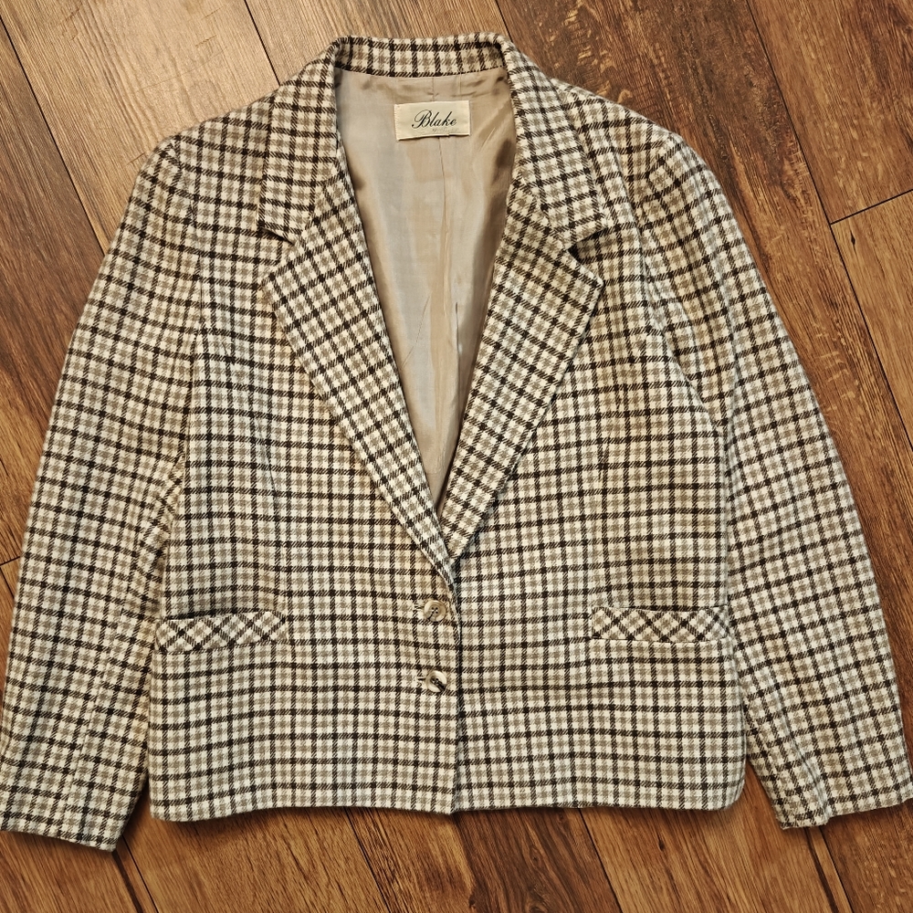Plaid Wool Blazer Neutral Tan Cream Brown Women's Business Casual Office Vintage